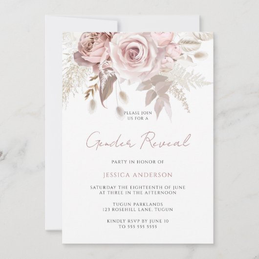 Invitation Dusty Rose Blush Floral Genre Revevela Party (Devant)