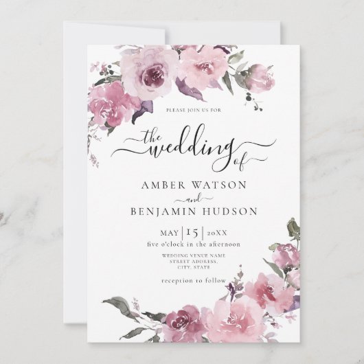 Invitation Dusty Rose Blush Mauve Lilac Mariage floral (Devant)