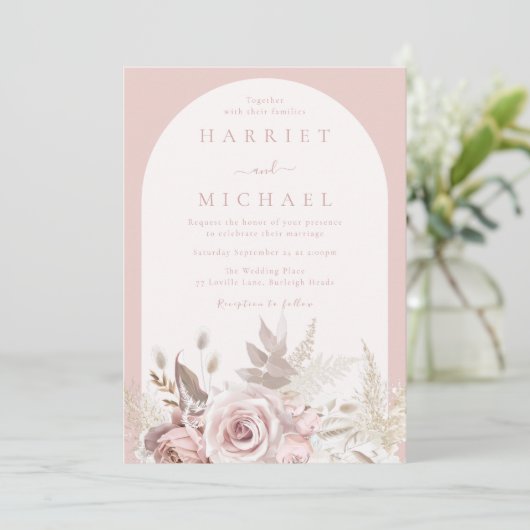 Invitation Dusty Rose Boho Arch Blush Floral Mariage (Debout devant)