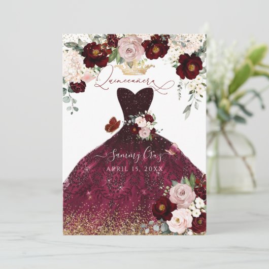 Invitation Dusty rose bordeaux Fleurs rousses Quinceanera (Debout devant)