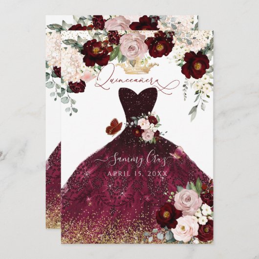 Invitation Dusty rose bordeaux Fleurs rousses Quinceanera (Devant / Derrière)