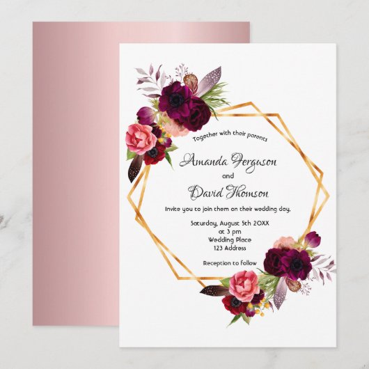 Invitation Dusty rose bordeaux floraux or mariage géométrique (Devant / Derrière)