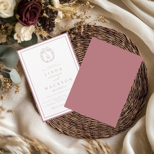 Invitation Dusty Rose botanical crest monogram wedding