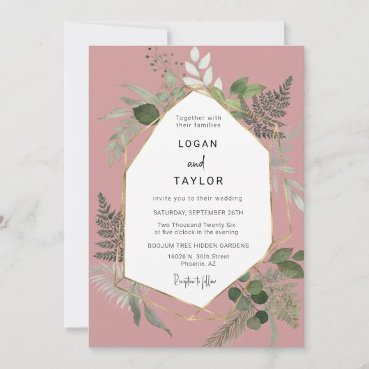 Invitation Dusty rose Botanical Greenery Gold QR Code Photo (Devant)