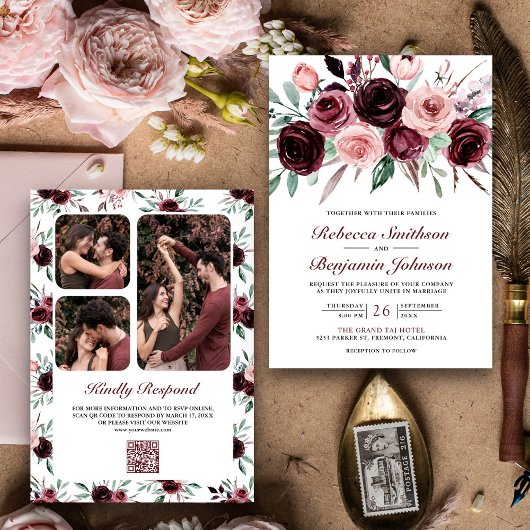Invitation Dusty rose Bourgogne Floral QR Code Mariage