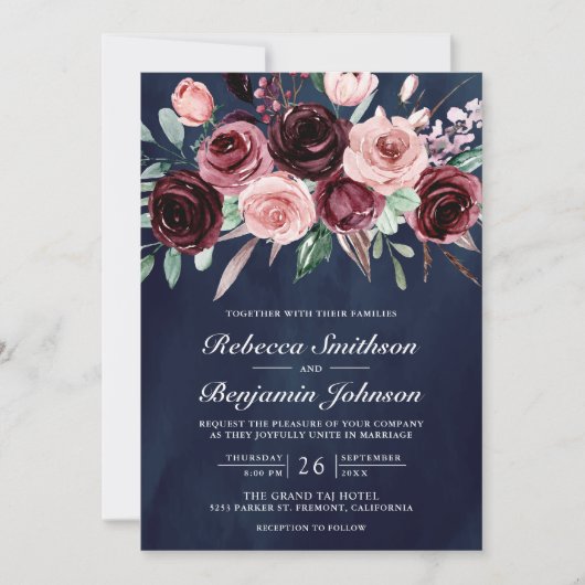 Invitation Dusty rose Bourgogne Floral QR Code Mariage de mar (Devant)