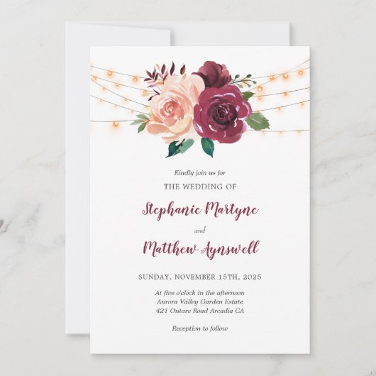 Invitation Dusty Rose Bourgogne Floral String Mariage (Devant)