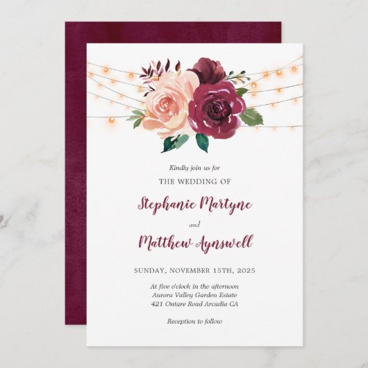 Invitation Dusty Rose Bourgogne Floral String Mariage (Devant / Derrière)