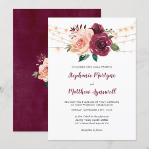 Invitation Dusty rose Bourgogne Rose lumière Mariage botaniqu