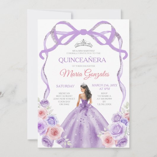 Invitation Dusty Rose Bow Princesse Silver Quinceañera (Devant)