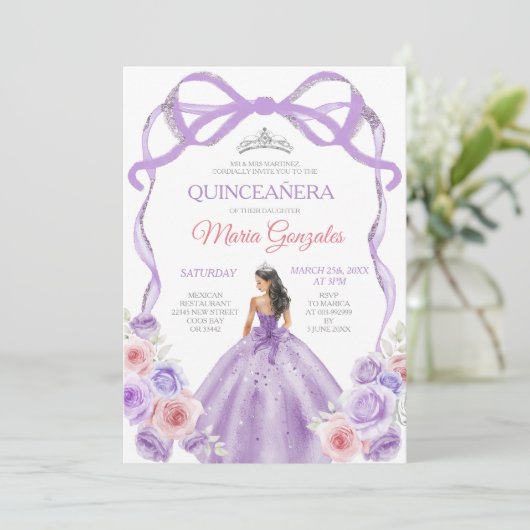 Invitation Dusty Rose Bow Princesse Silver Quinceañera (Debout devant)