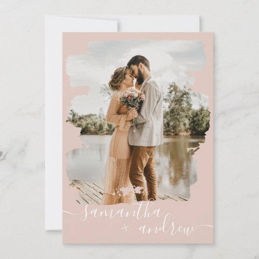 Invitation Dusty rose brosse script 2 photos mariage (Devant)