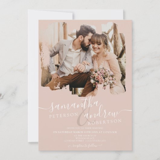 Invitation Dusty rose brosse script 2 photos mariage (Dos)