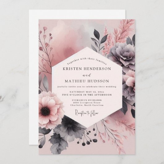 Invitation Dusty Rose Charcoal Bloom Wedding (Devant / Derrière)