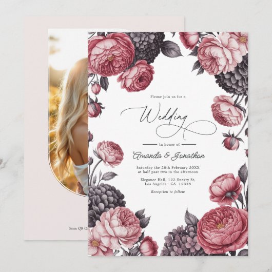 Invitation Dusty Rose & Charcoal Gray Floral Wedding Photo (Devant / Derrière)