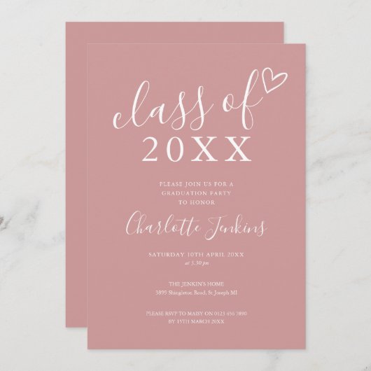 Invitation Dusty Rose Classe de Script Coeur Graduation Party (Devant / Derrière)