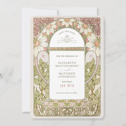 Invitation Dusty Rose Daisies Enregistrer Date Art Nouveau Mu (Devant)