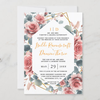 Invitation Dusty Rose Elégant rose Mauve or Mariage floral