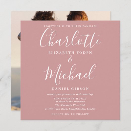 Invitation Dusty Rose Élégant Script Mariage Photo (Devant / Derrière)