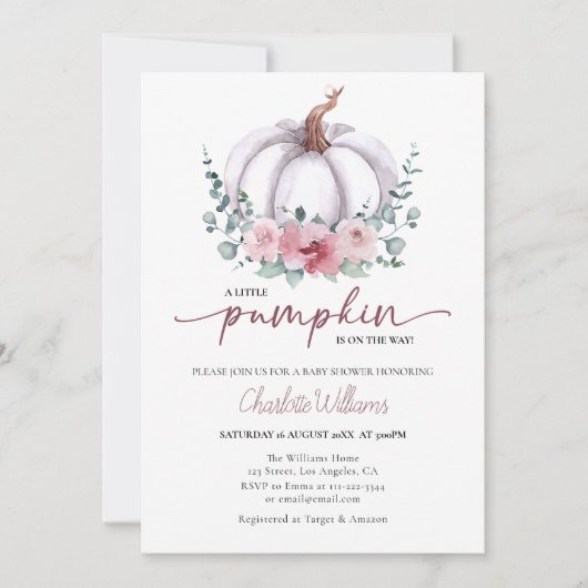 Invitation Dusty Rose et blanc Un petit Baby shower Citrouill (Devant)