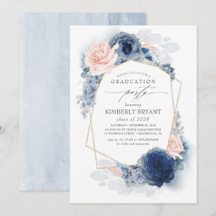 Invitation Dusty rose et bleu marine Floral Ombre Graduation