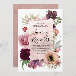 Invitation Dusty rose et bordeaux fête d'anniversaire florale