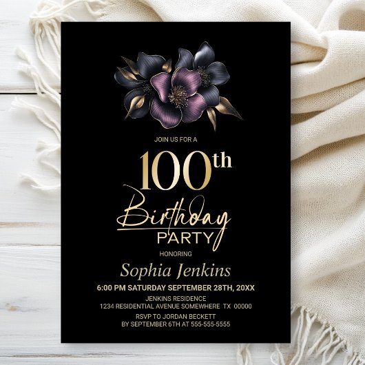 Invitation Dusty rose et gris Floral 100e fête d'anniversaire