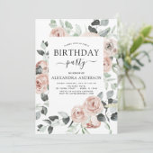 Invitation Dusty rose fête d'anniversaire Floral verdure (Debout devant)