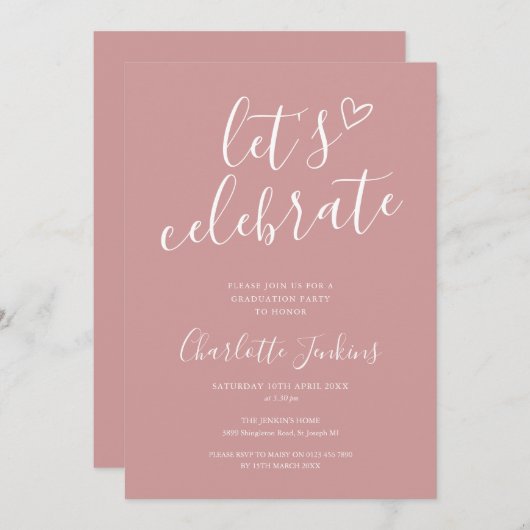 Invitation Dusty Rose Fêtons la fête de graduation de script (Devant / Derrière)