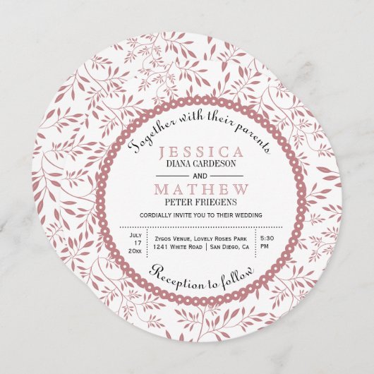 Invitation Dusty rose feuille motif moderne mariage fleuri (Devant / Derrière)