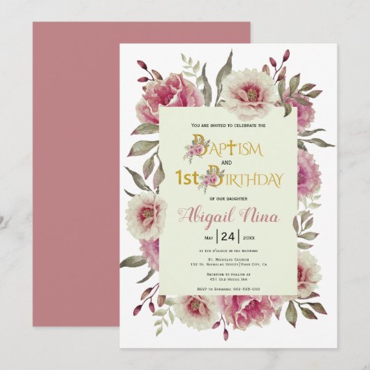Invitation Dusty rose fleurs fille baptême et 1er anniversair (Devant / Derrière)