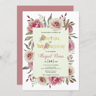 Invitation Dusty rose fleurs fille baptême et 1er anniversair
