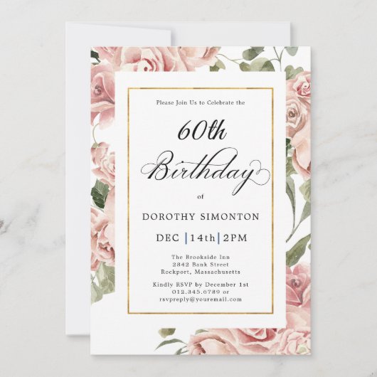 Invitation Dusty Rose Floral 60e fête d'anniversaire (Devant)