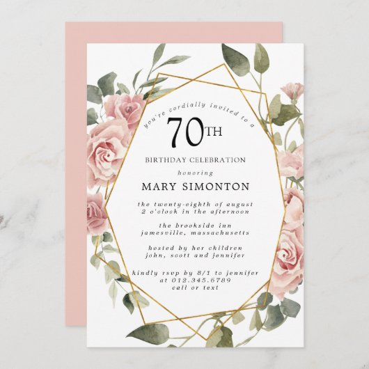 Invitation Dusty Rose Floral 70e fête d'anniversaire (Devant / Derrière)