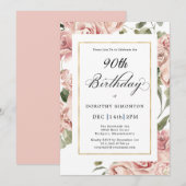 Invitation Dusty Rose Floral 90e fête d'anniversaire (Devant / Derrière)
