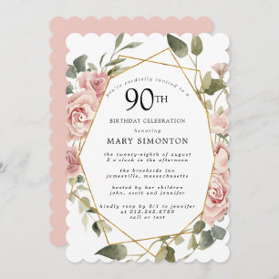 Invitation Dusty Rose Floral 90e fête d'anniversaire