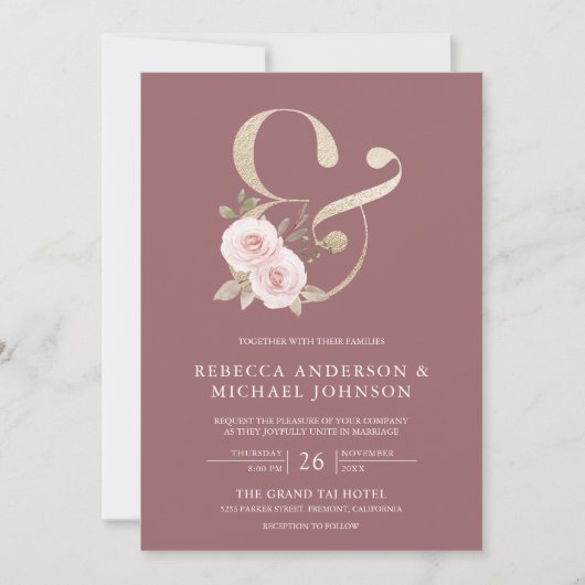 Invitation Dusty Rose Floral Ampersand Navy Blue Mariage (Devant)