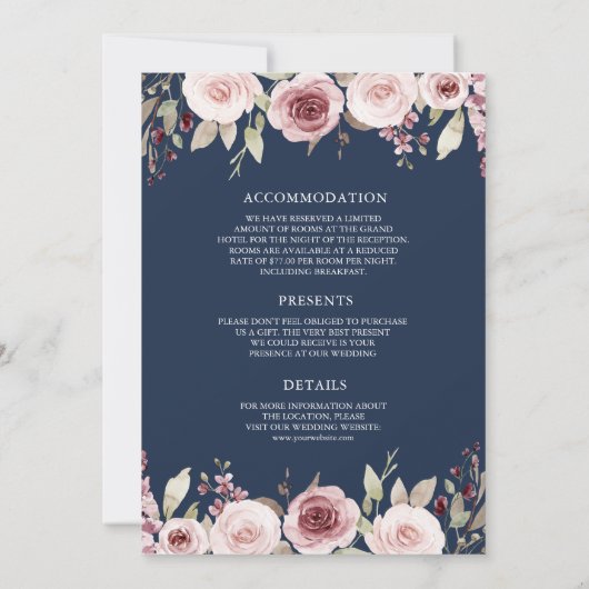 Invitation Dusty Rose Floral Ampersand Navy Blue Mariage (Dos)