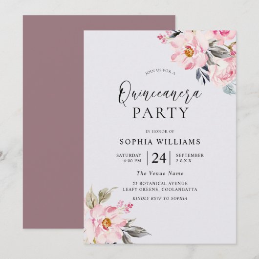 Invitation Dusty Rose Floral Blush Pink Quinceanera Party (Devant / Derrière)