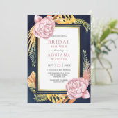Invitation Dusty rose Floral Boho Palm Navy Fête des mariées (Debout devant)