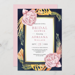 Invitation Dusty rose Floral Boho Palm Navy Fête des mariées