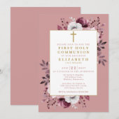 Invitation Dusty Rose Floral Botanique Première Sainte Commun (Devant / Derrière)