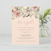 Invitation Dusty rose floral C'est un Baby shower fille (Debout devant)