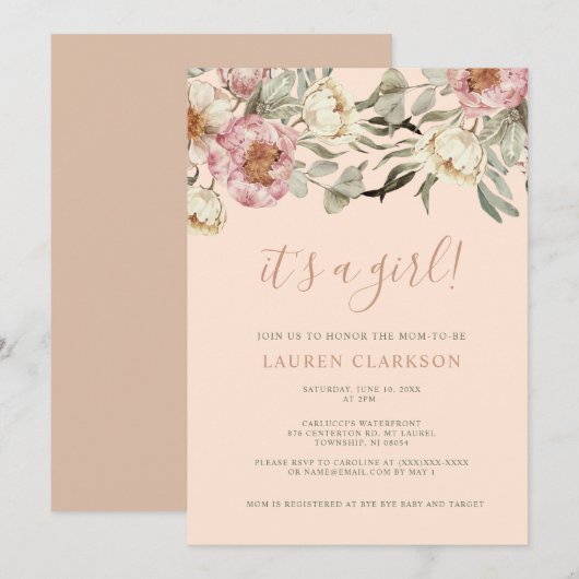 Invitation Dusty rose floral C'est un Baby shower fille (Devant / Derrière)