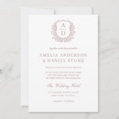 Invitation Dusty Rose Floral Crest Monogramme Mariage QR Code (Devant)