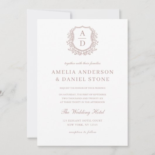 Invitation Dusty Rose Floral Crest Monogramme Mariage QR Code (Devant)