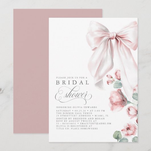 Invitation Dusty Rose Floral Elegant Bow Fête des mariées (Devant / Derrière)