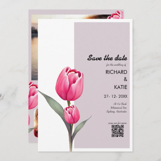 Invitation Dusty rose Floral élégant code Qr enregistrer la d (Devant / Derrière)