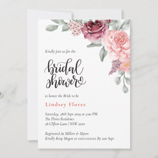 Invitation Dusty Rose Floral Elegant Fête des mariées aquarel (Devant)