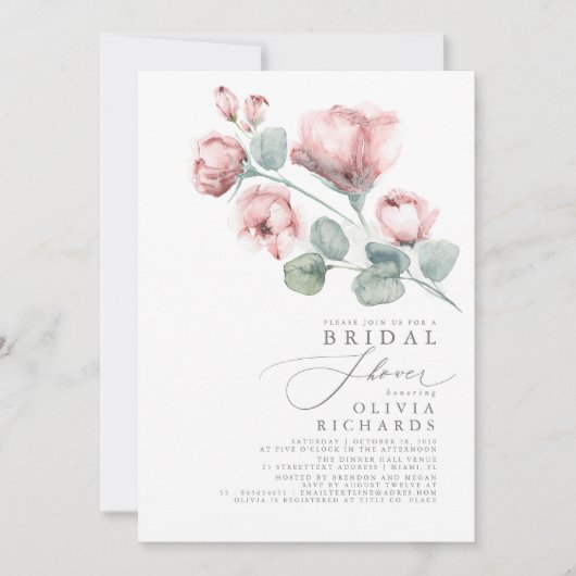 Invitation Dusty Rose Floral Élégant Fête des mariées minimal (Devant)